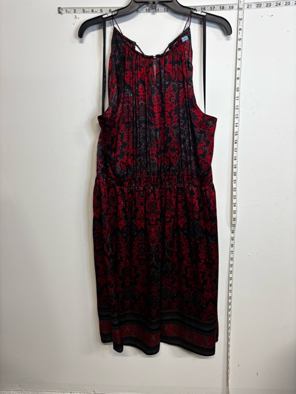 Silk Sleeveless Red and Black Midi Dress with Gathered Waist